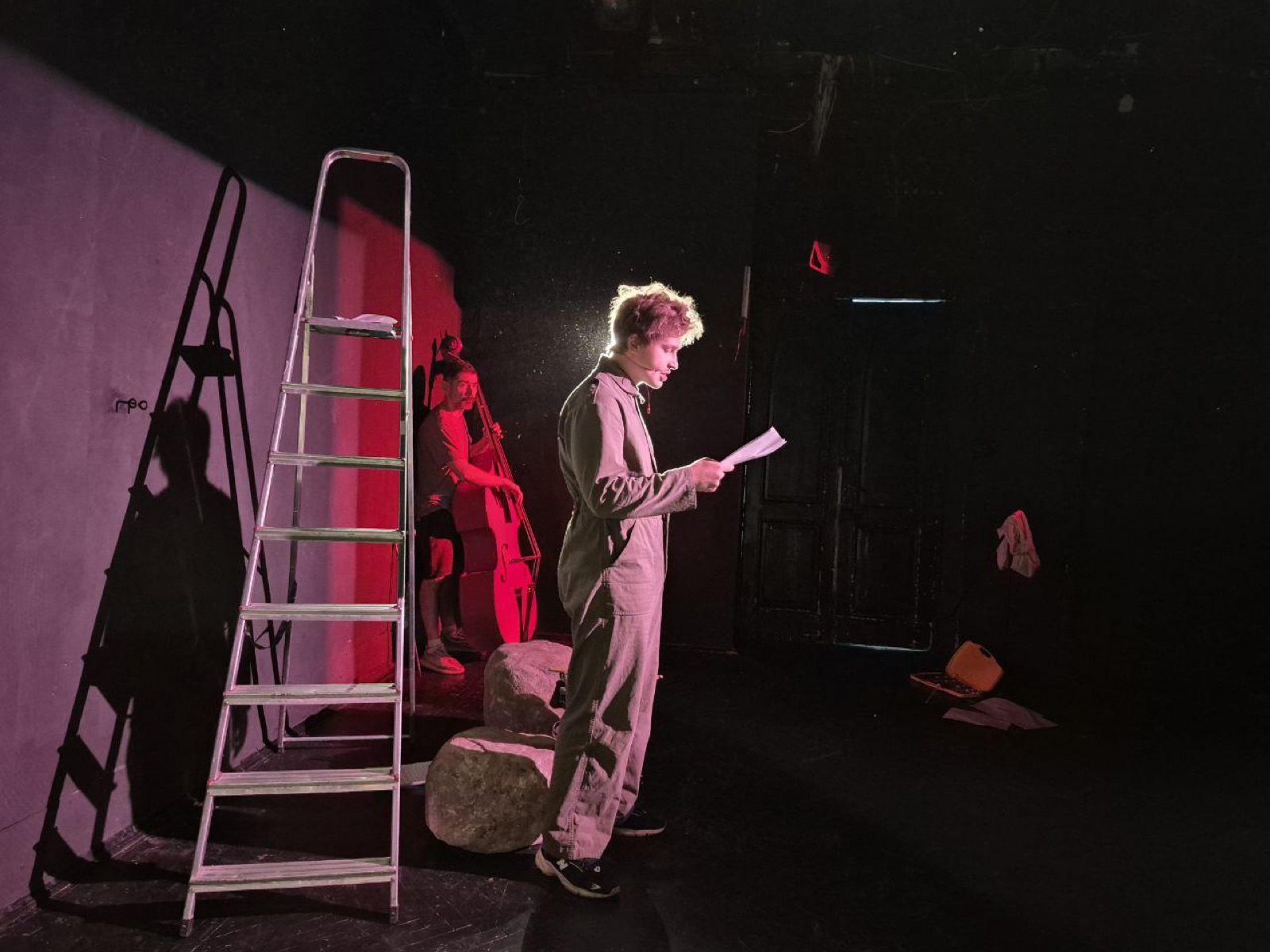 Reading from a script beside a stepladder